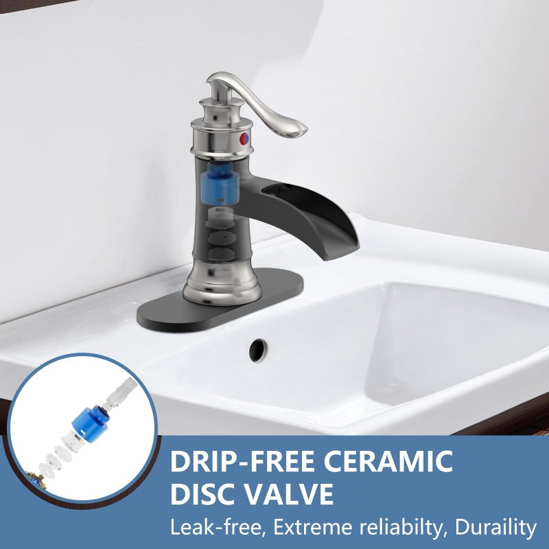 Homevacious Bathroom Sink Faucet Waterfall Single Handle Matte Black and Brushed Nickel Lavatory Vanity Basin Mixer Tap One Hole Lever Deck Mount Commercial Supply Line - Image 4